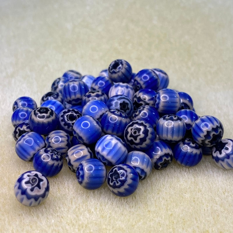 8mm Round (25) - Blue & Black - Vintage Chevron Glass Beads
