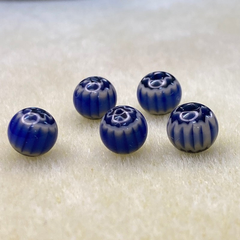 8mm Round (25) - Blue & Black - Vintage Chevron Glass Beads