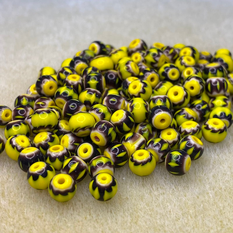 6mm Round (25) - Aubergine & Yellow - Vintage Chevron Glass Beads