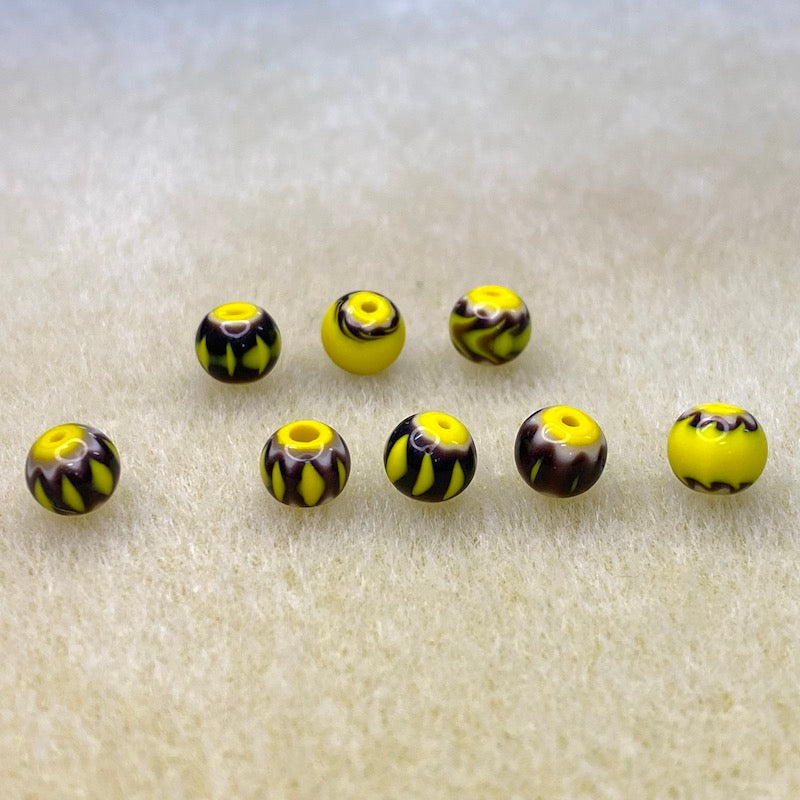 6mm Round (25) - Aubergine & Yellow - Vintage Chevron Glass Beads