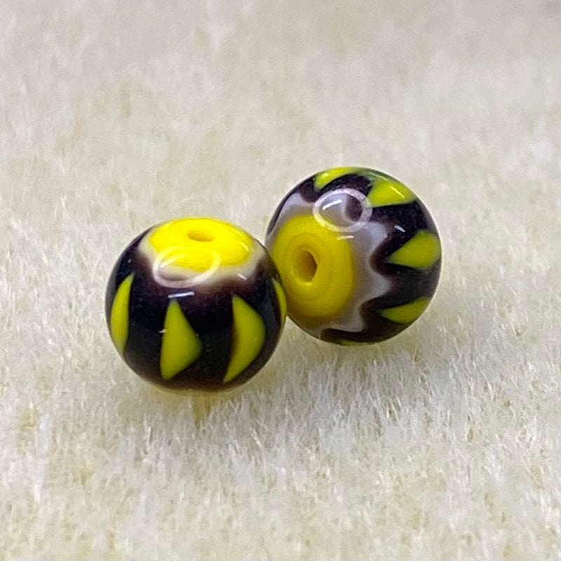 6mm Round (25) - Aubergine & Yellow - Vintage Chevron Glass Beads