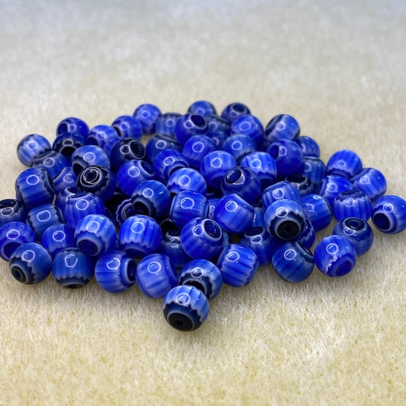6mm Round (25) - Blue & Black - Vintage Chevron Glass Beads