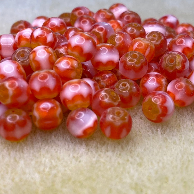 6mm Round (25) - White, Orange & Yellow - Vintage Chevron Glass Beads