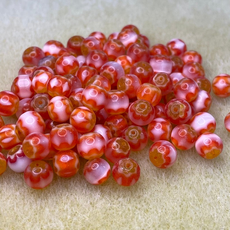 6mm Round (25) - White, Orange & Yellow - Vintage Chevron Glass Beads
