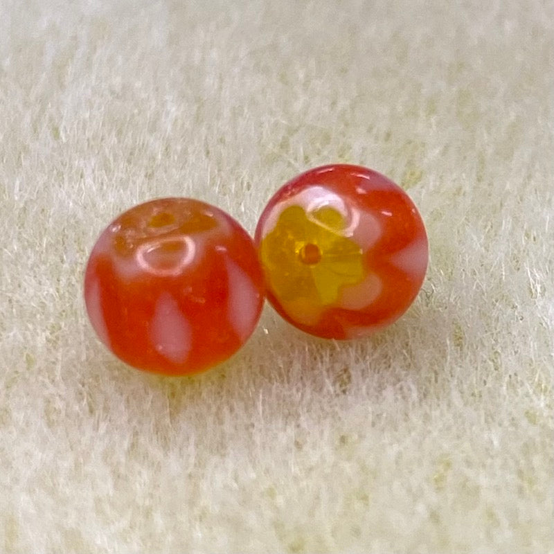 6mm Round (25) - White, Orange & Yellow - Vintage Chevron Glass Beads