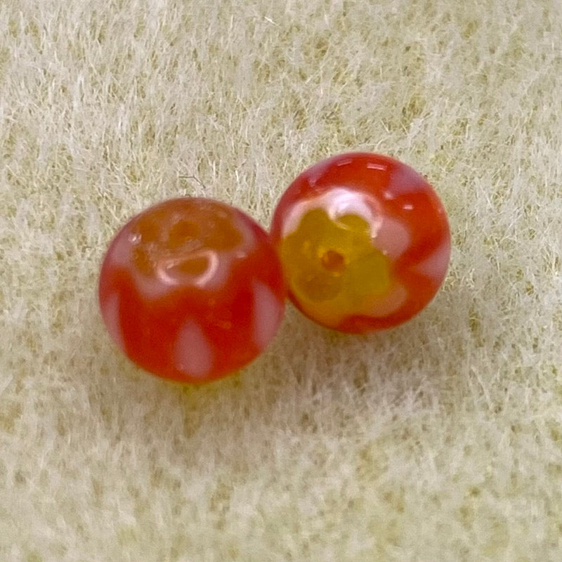 6mm Round (25) - White, Orange & Yellow - Vintage Chevron Glass Beads