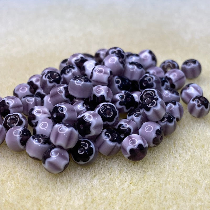 6mm Round (25) - Mauve & Black - Vintage Chevron Glass Beads