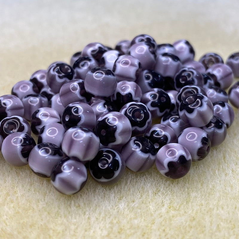 6mm Round (25) - Mauve & Black - Vintage Chevron Glass Beads