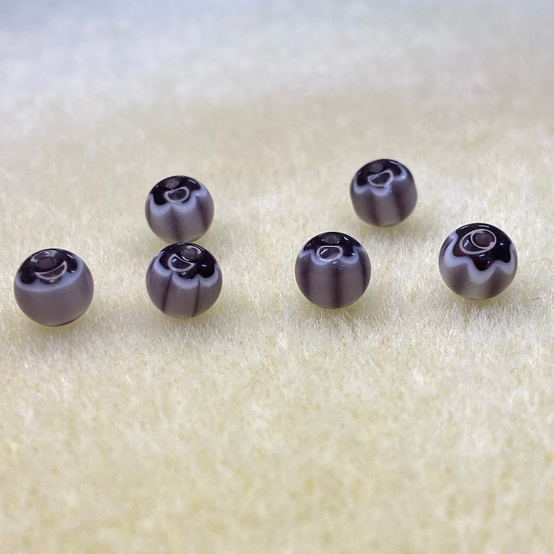 6mm Round (25) - Mauve & Black - Vintage Chevron Glass Beads