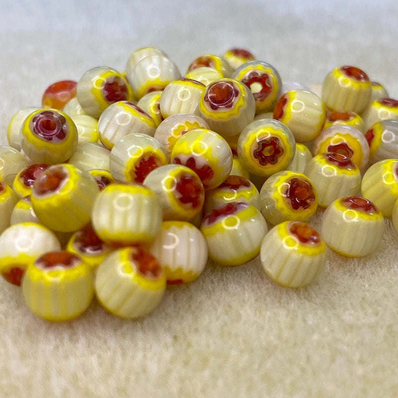 6mm Round (25) - Yellow & Red - Vintage Chevron Glass Beads