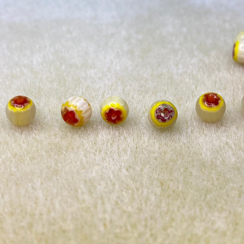 6mm Round (25) - Yellow & Red - Vintage Chevron Glass Beads