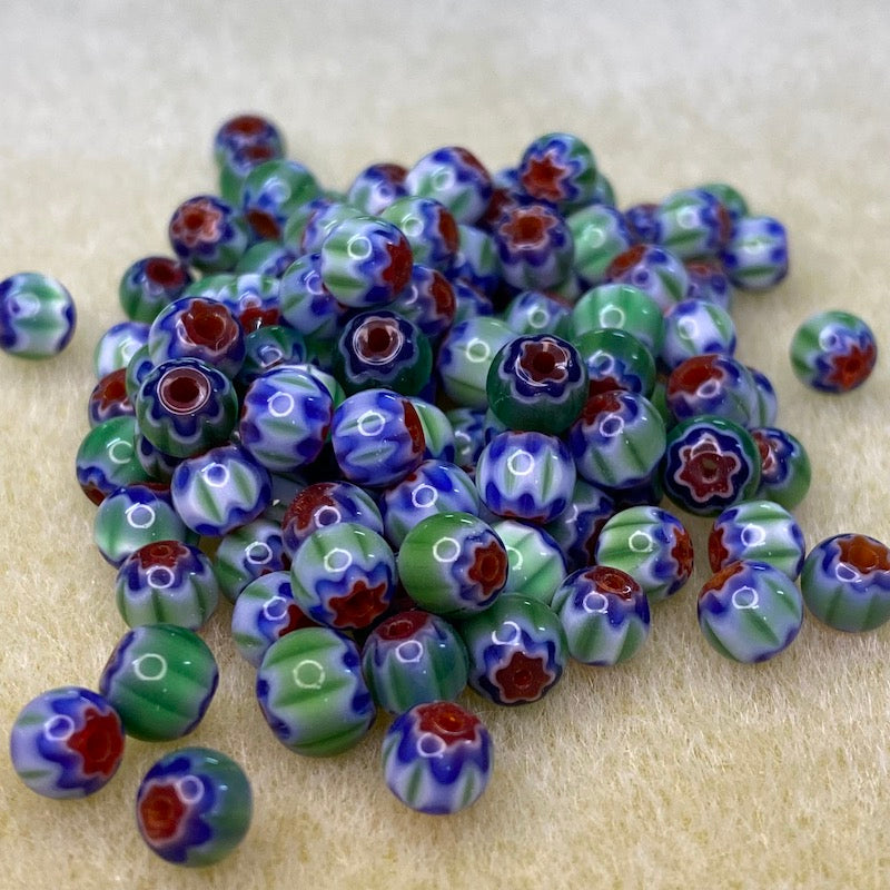 6mm Round (25) - Blue, Green & Red - Vintage Chevron Glass Beads