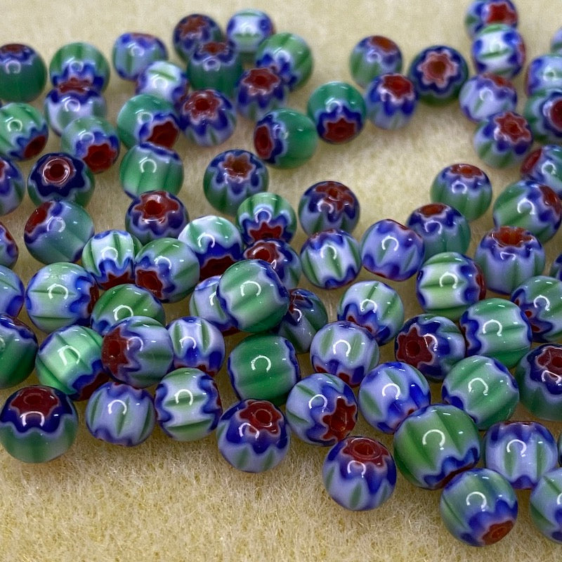 6mm Round (25) - Blue, Green & Red - Vintage Chevron Glass Beads