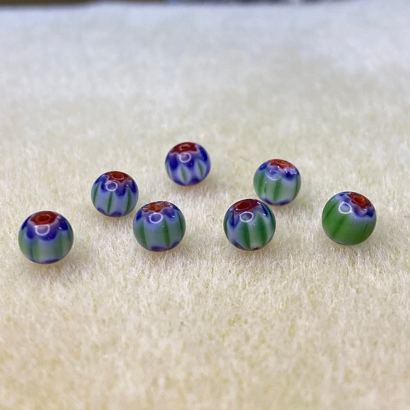 6mm Round (25) - Blue, Green & Red - Vintage Chevron Glass Beads