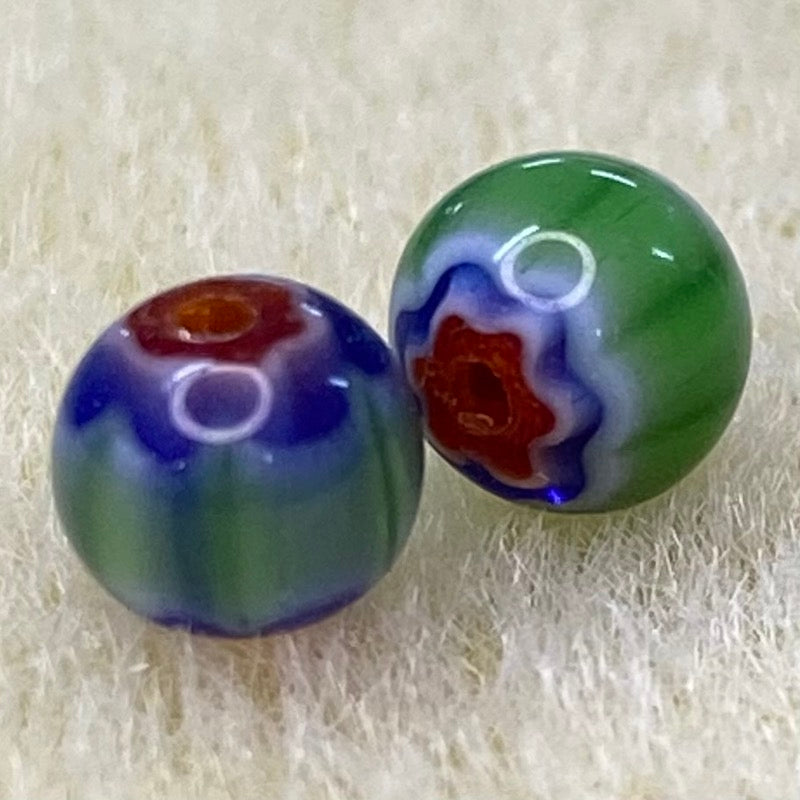 6mm Round (25) - Blue, Green & Red - Vintage Chevron Glass Beads