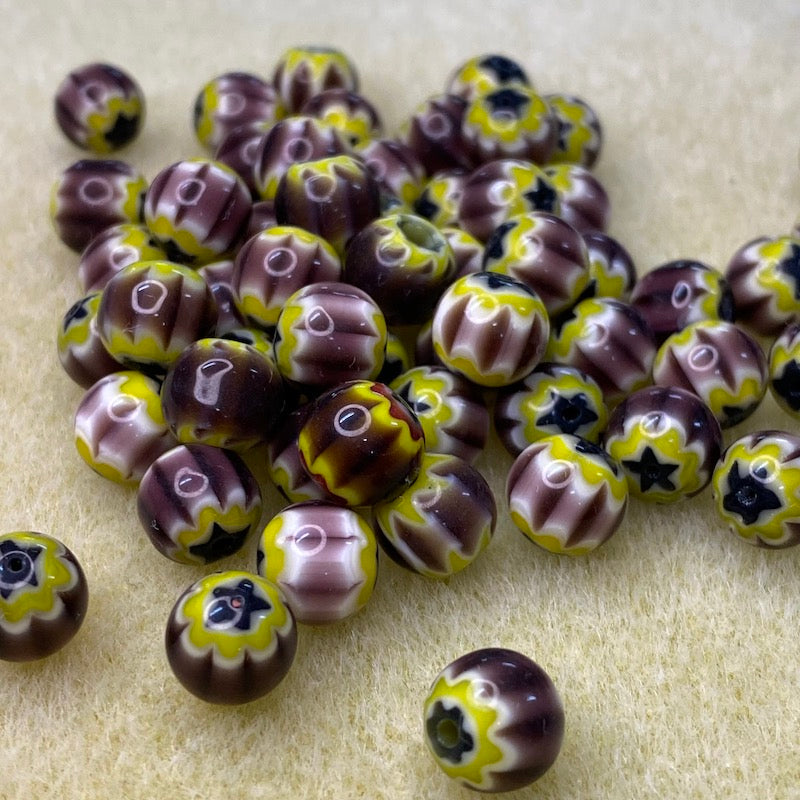 8mm Round (25) - Aubergine & Yellow - Vintage Chevron Glass Beads