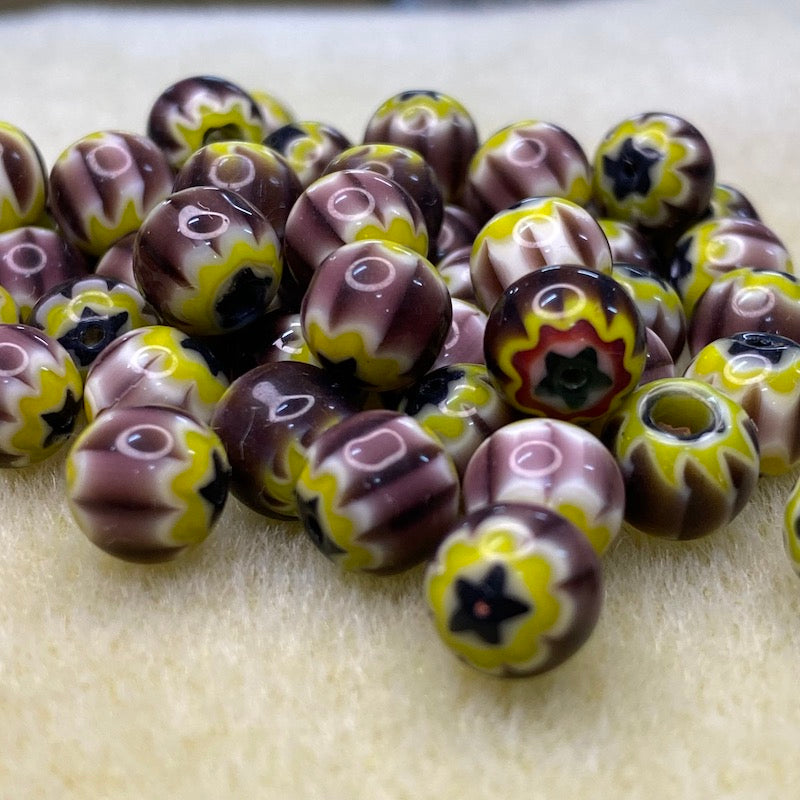 8mm Round (25) - Aubergine & Yellow - Vintage Chevron Glass Beads