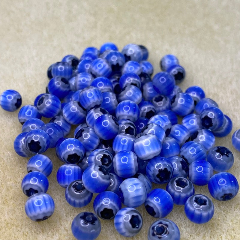 6mm Round (25) - Blue, Black & White - Vintage Chevron Glass Beads