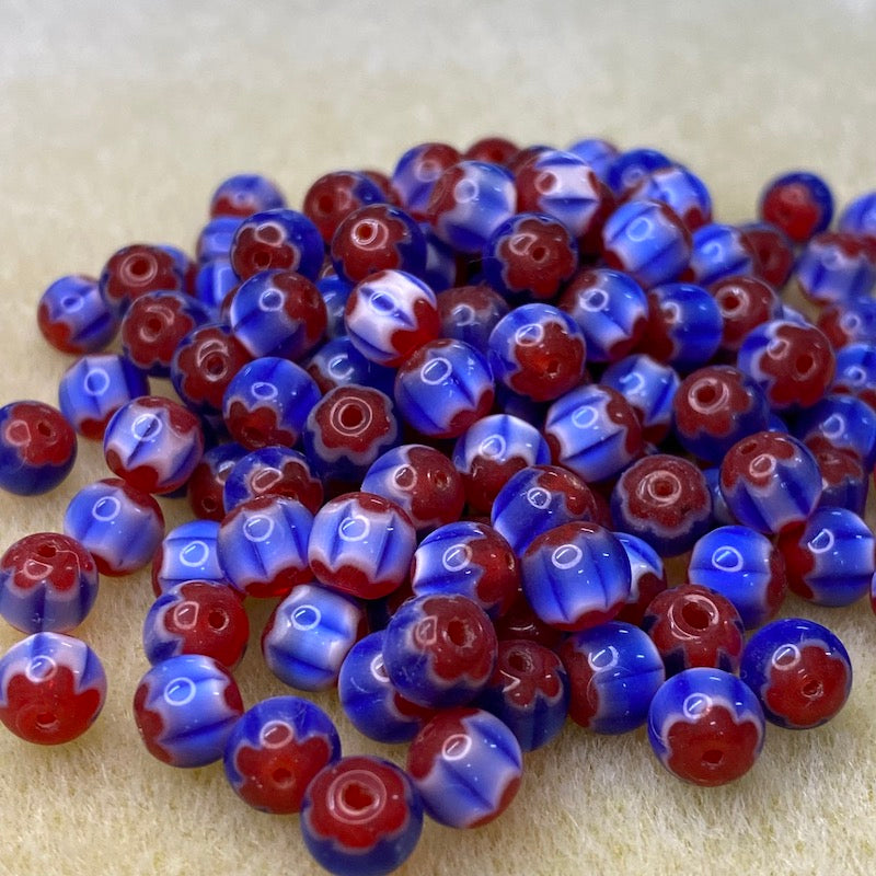 6mm Round (25) - Blue & Red - Vintage Chevron Glass Beads