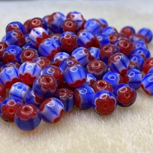 6mm Round (25) - Blue & Red - Vintage Chevron Glass Beads