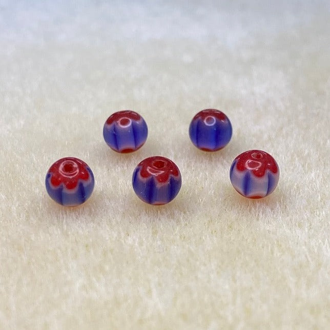6mm Round (25) - Blue & Red - Vintage Chevron Glass Beads