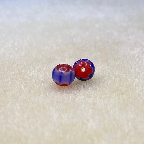 6mm Round (25) - Blue & Red - Vintage Chevron Glass Beads