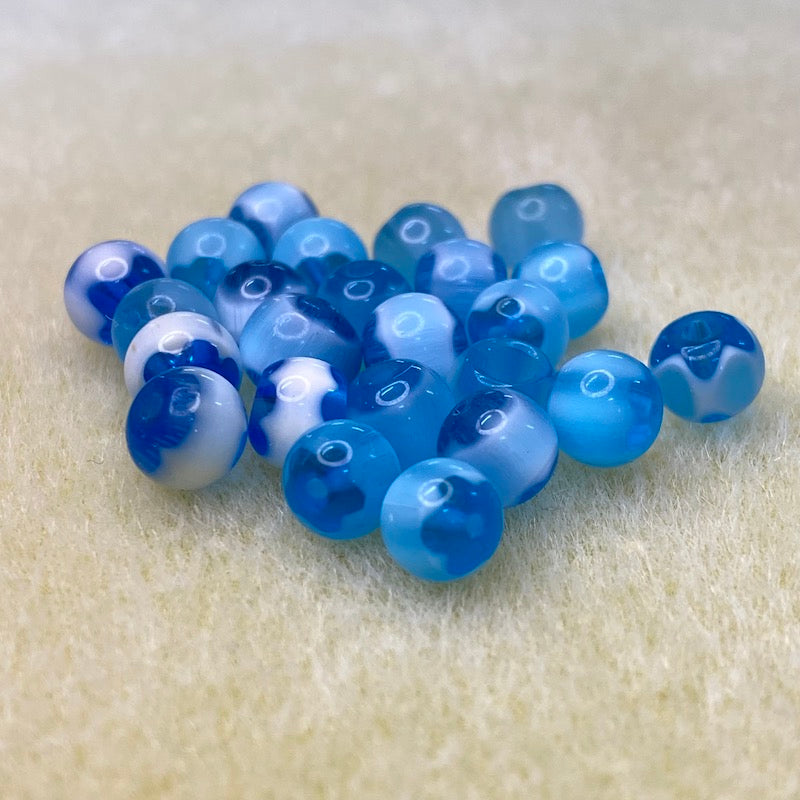 6mm Round (25) - Aqua & White - Vintage Chevron Glass Beads