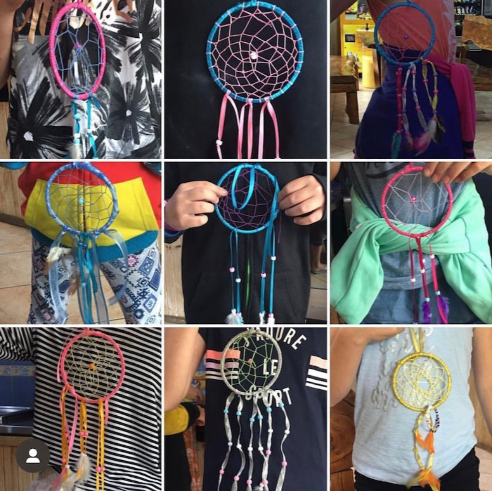 nine collated photos showing finished dream catchers made by children at a Bead Shack holiday workshop