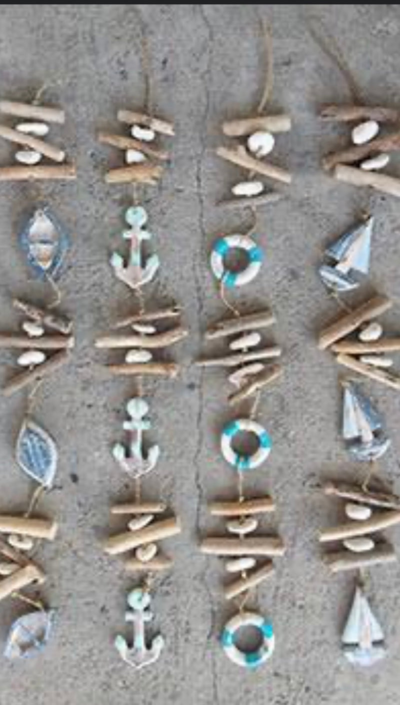 Samples of hanging beady decorations using wood, stones and beach themed wood decorations