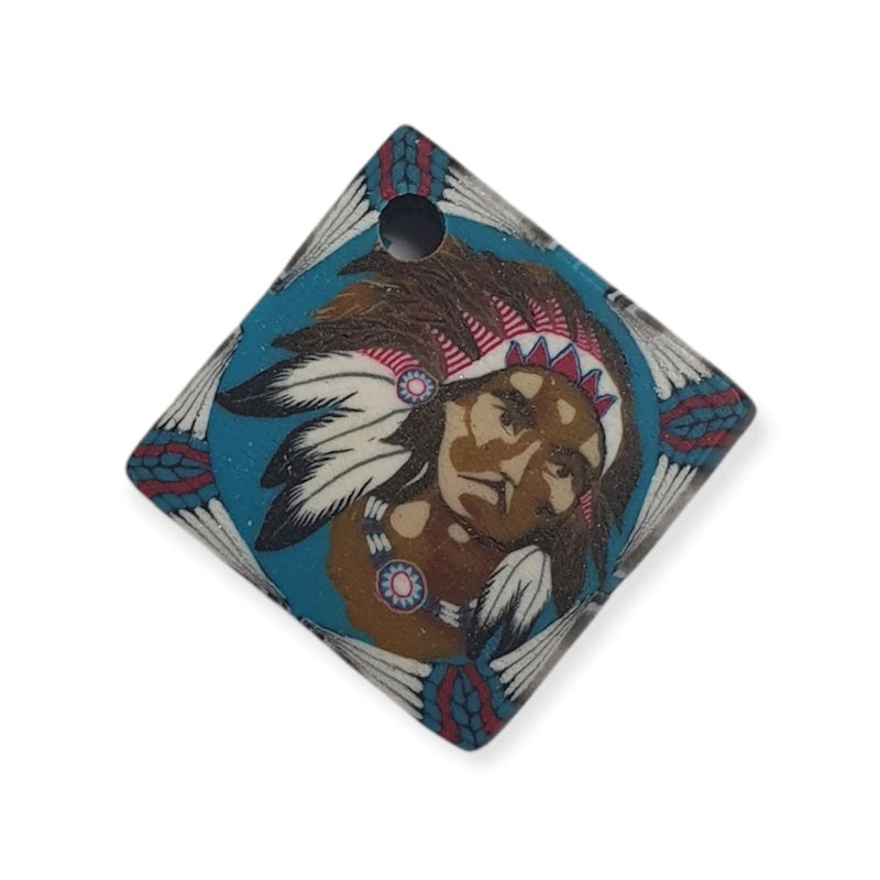 22mm Square Fimo Pendant (1) - Indian Face w. Head Dress