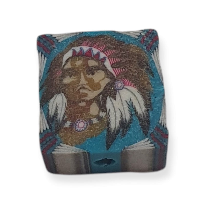 10mm Square Fimo Beads (10) - Indian Face w. Head Dress