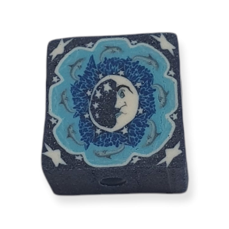 10mm Square Fimo Beads (10) - Moon Face w. Leaping Dolphins & Stars