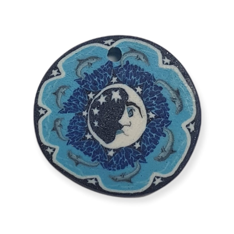 22mm Fimo Pendant (1) - Moon Face w. Leaping Dolphins