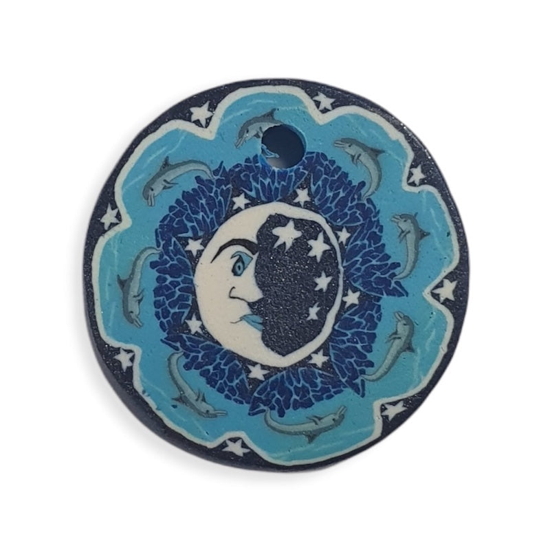 26mm Fimo Pendant (1) - Moon Face w. Leaping Dolphins