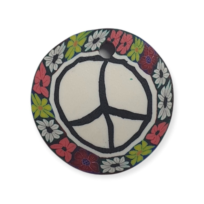 26mm Fimo Pendant (1) - Peace Sign w. Flowers