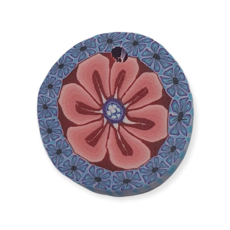 22mm Fimo Pendant (1) - Pink/Purple Flowers
