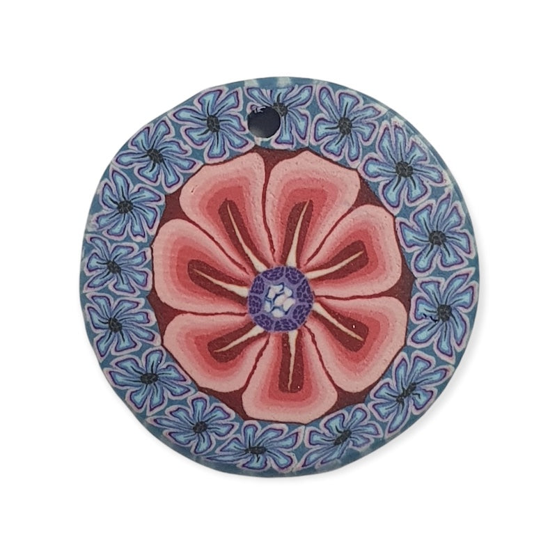 26mm Fimo Pendant (1) - Pink/Purple Flowers