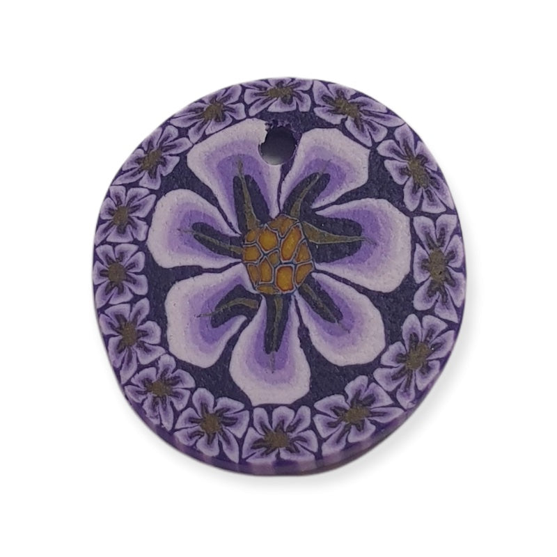 22mm Fimo Pendant (1) - Purple Flowers