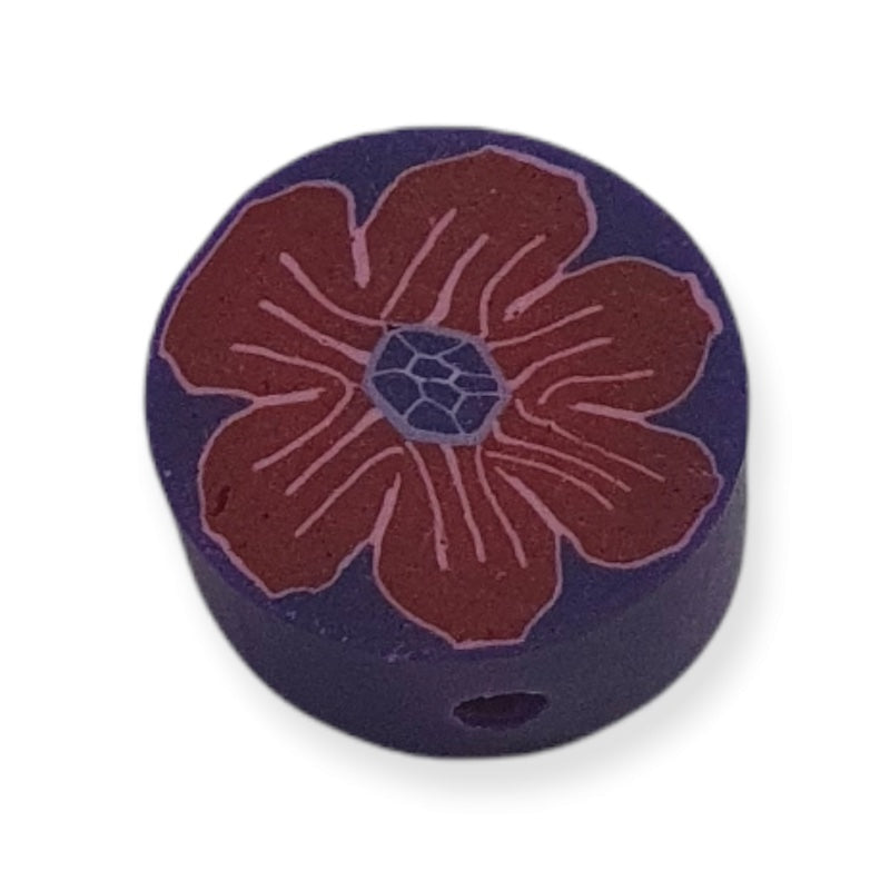 12mm Coin Fimo Beads (10) - Red Flower on Purple
