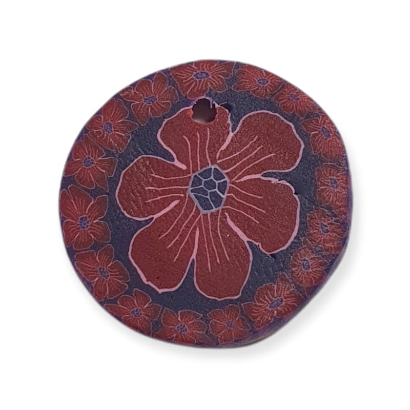 22mm Fimo Pendant (1) - Red Flower on Purple