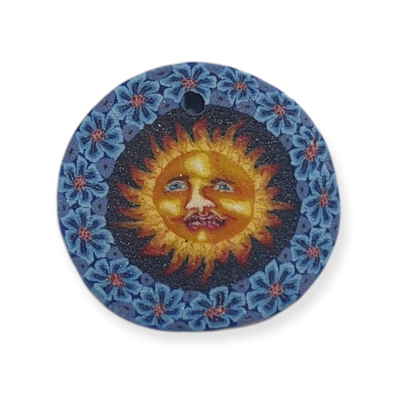 22mm Fimo Pendant (1) - Sun Face w. Blue Flowers