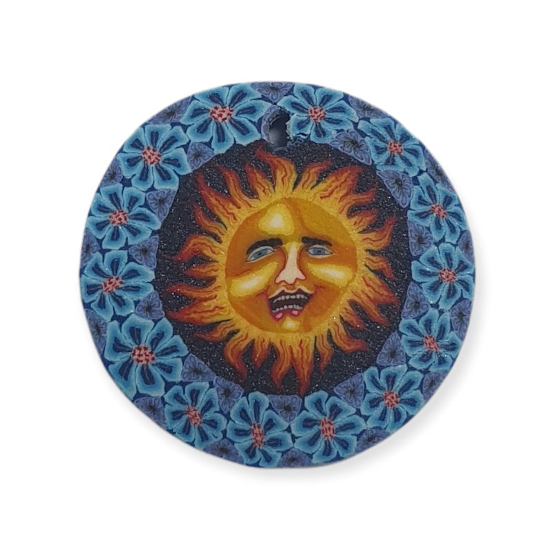26mm Fimo Pendant (1) - Sun w. Blue Flowers