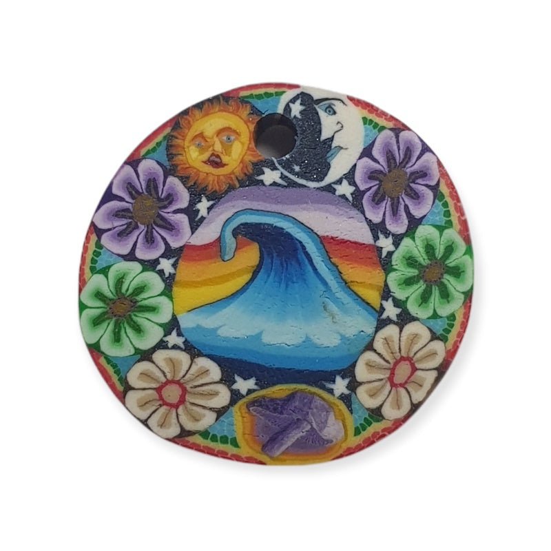 26mm Fimo Pendant (1) - Wave w. Flowers