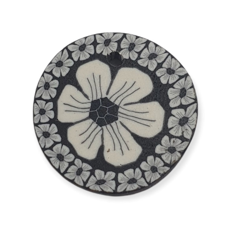 22mm Fimo Pendant (1) - White Flower on Black