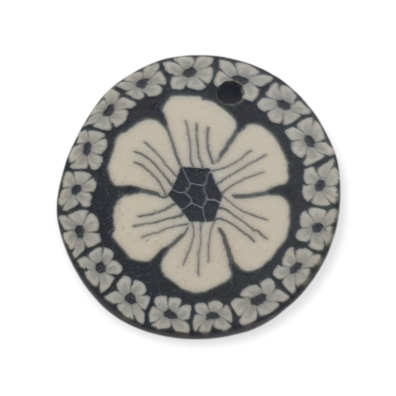 26mm Fimo Pendant (1) - White Flower on Black