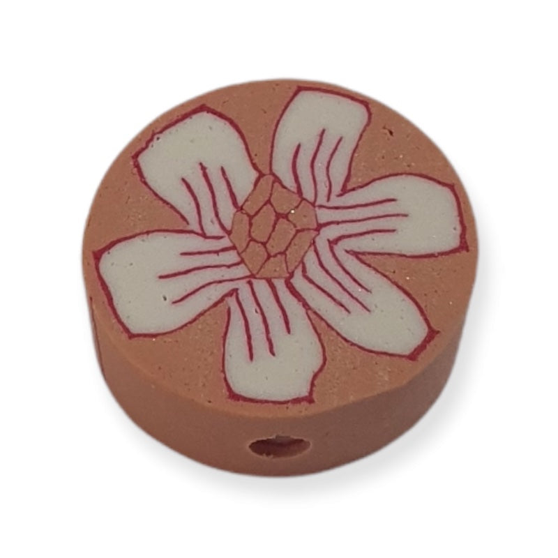 12mm Coin Fimo Beads (10) - White Flower on Pink