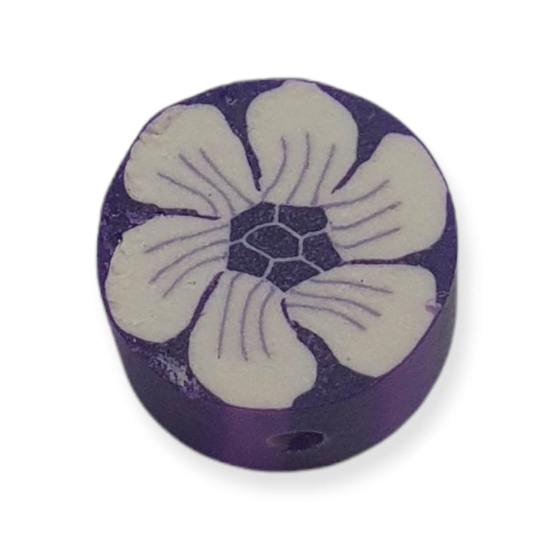12mm Coin Fimo Beads (10) - White Flowers on Purple