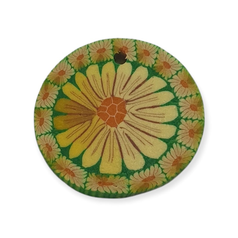 22mm Fimo Pendant (1) - Yellow Flower on Green