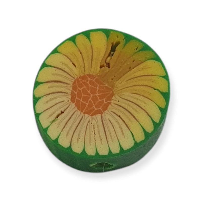 12mm Coin Fimo Beads (10) - Yellow Flower on Green