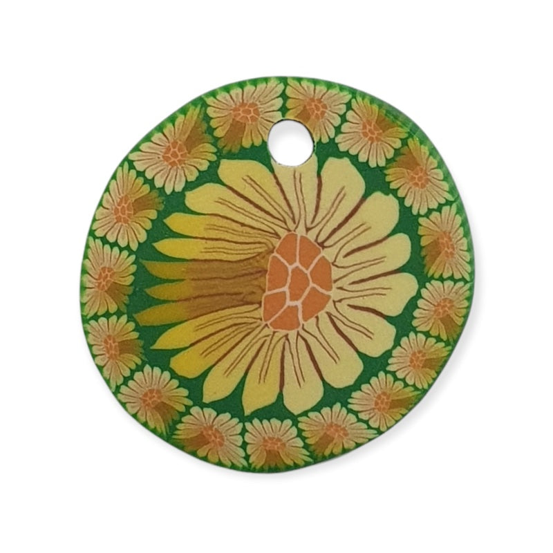 26mm Fimo Pendant (1) - Yellow Flower on Green
